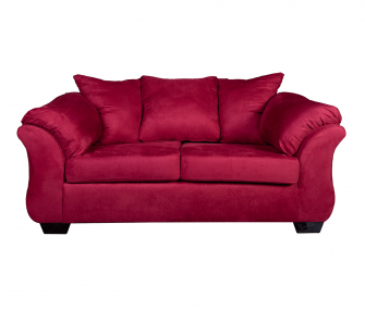 red loveseat, comfy loveseat, living room