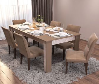 wooden beige table, 6 fabric chairs, hub furniture