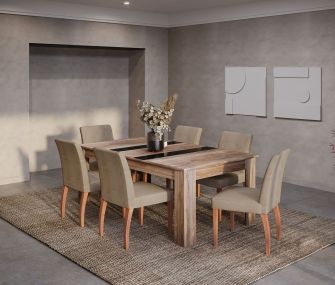 brown dining table, 6 chairs, hub furniture
