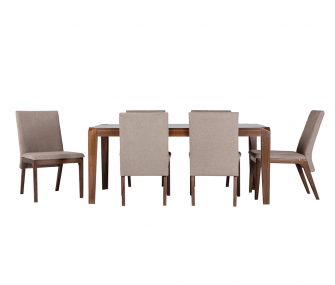 wooden dining table, 6 beige fabric chairs, hub furniture