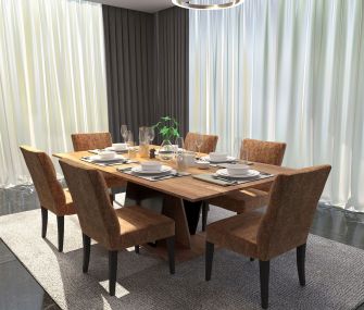 wooden dining table, 6 brown chairs, hub furniture