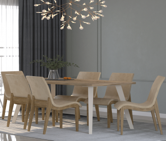 beige dining table, 6 chairs, hub furniture
